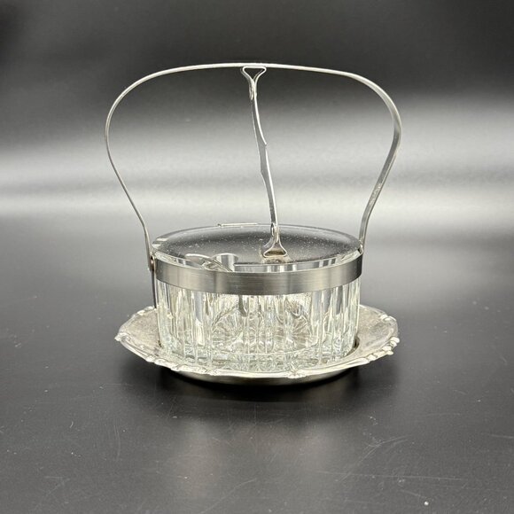 Vintage MCM Style Leaded Glass & Inoxbeck Lidded Condiment Dish W/ Spoon & Plate - Picture 1 of 16